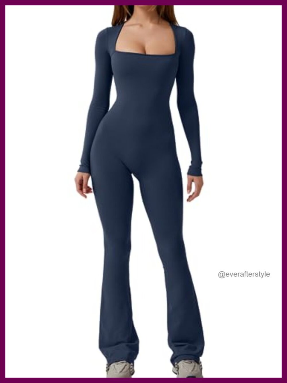 QINSEN Women's Square Neck Wide Leg Full Length Jumpsuit Long Sleeve